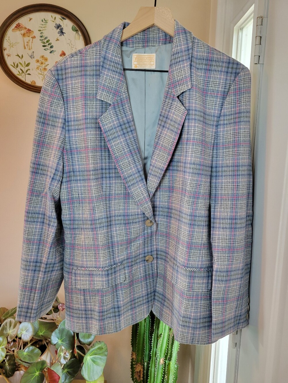 Vintage Pendleton Pastel Blue Plaid Two-Button Wool Blazer, Size Womens 16
